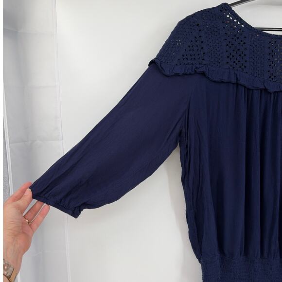 Knox Rose Eyelet Boho Womens Top Sz 2XL Navy Peasant Gauzy Smocked Cottagecore - Picture 2 of 8